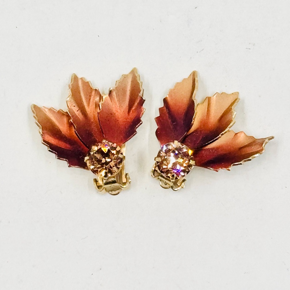 Coro Signed Vintage Gold & Brown Leaf Clip On Earrings W/Rhinestone Accent